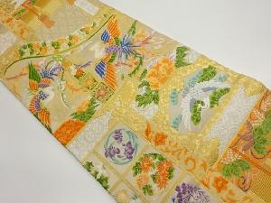 御簾に鳳凰・鶴・花々模様織出し袋帯